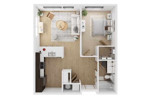 A top-down view of a small, neatly organized apartment with a kitchen, living room, and bathroom  at Spyglass Hill Apartments, Bremerton, 98337